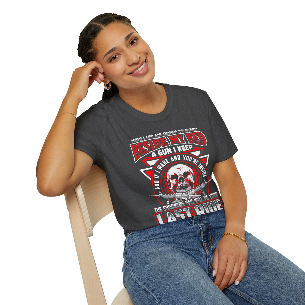 T-Shirt — "Beside My Bed a Gun I Keep" Skull Graphic