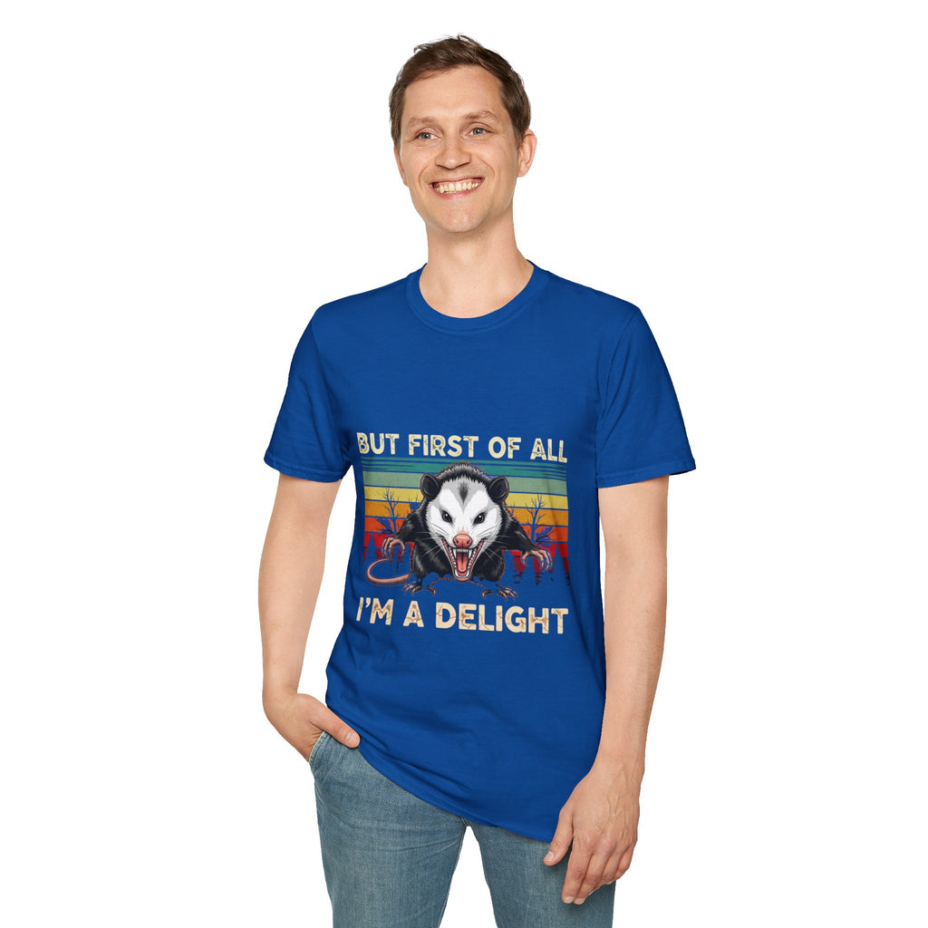 Opossum Graphic Tee — “But First Of All I’m A Delight” Vintage Sunset T-Shirt