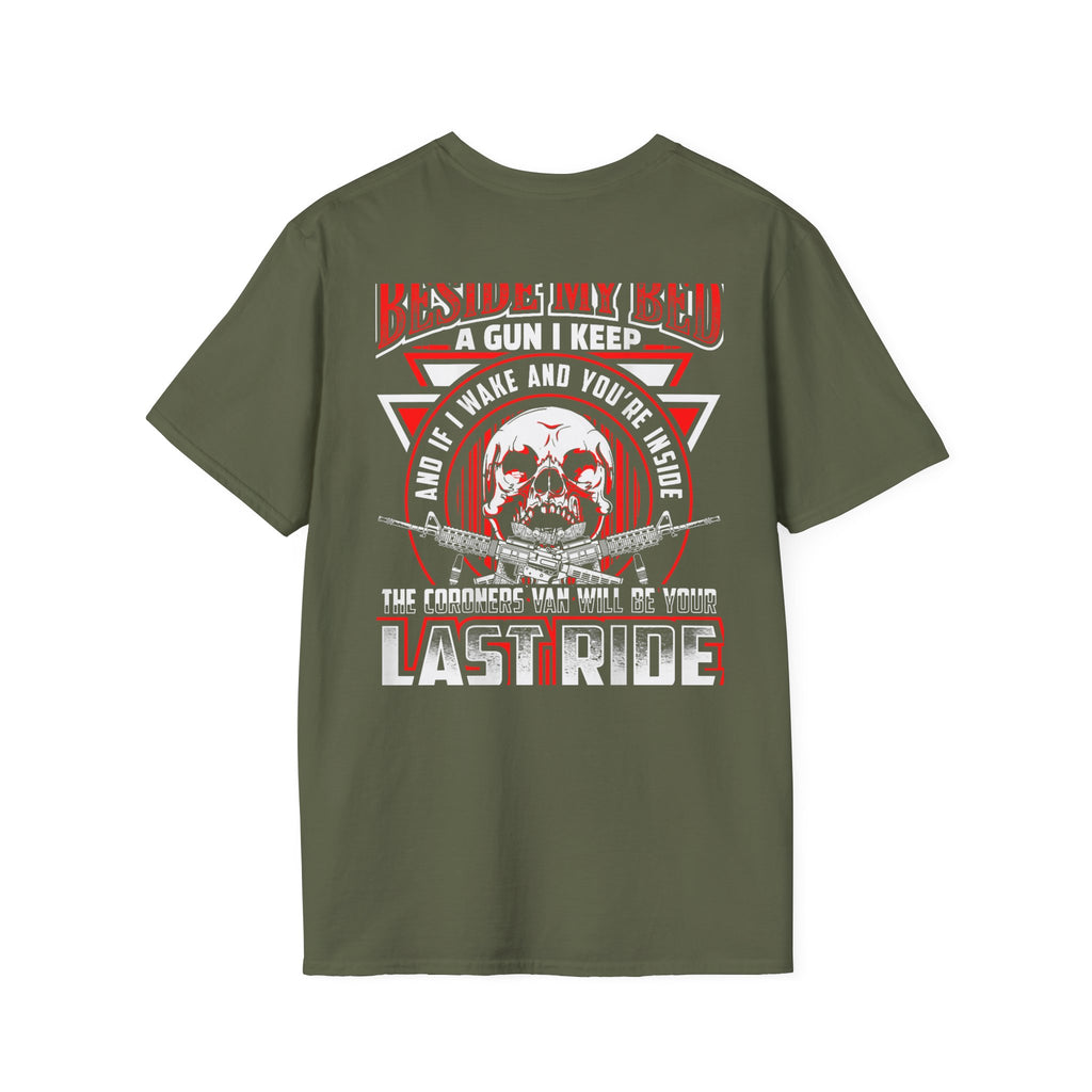 T-Shirt — "Beside My Bed a Gun I Keep" Skull Graphic