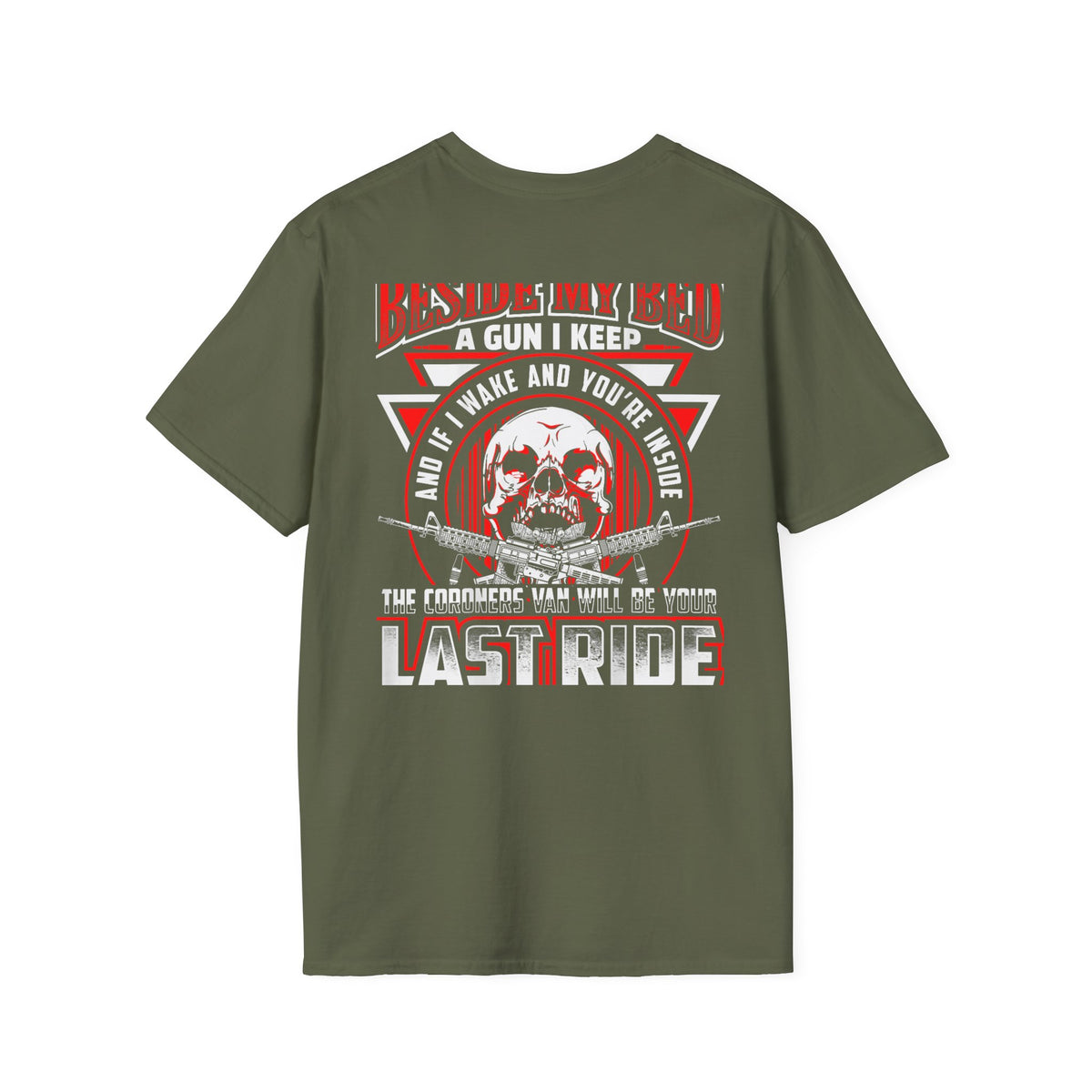 T-Shirt — "Beside My Bed a Gun I Keep" Skull Graphic