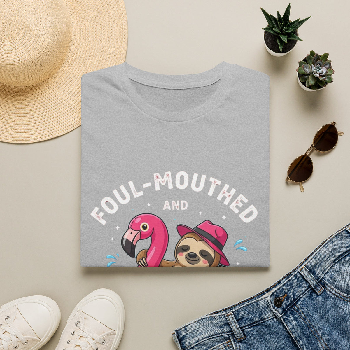 Foul‑Mouthed and Feral Sloth Graphic T-Shirt — Funny Pool Float Flamingo Tee