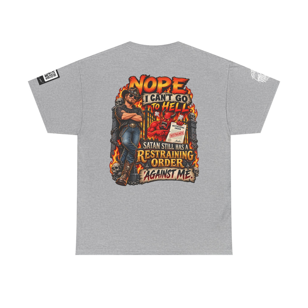 Satan Still Has a Restraining Order Against Me Back Graphic Tee