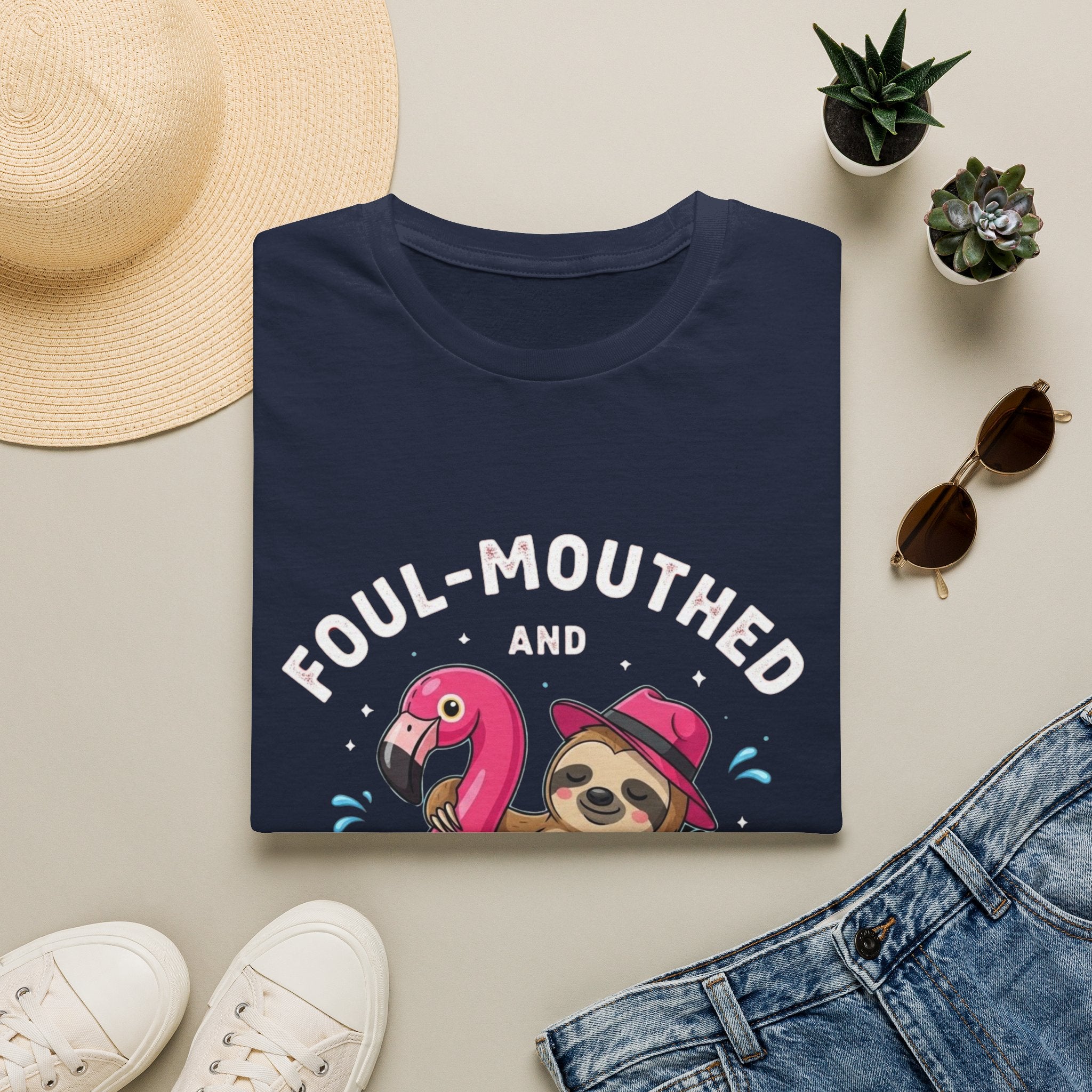 Foul‑Mouthed and Feral Sloth Graphic T-Shirt — Funny Pool Float Flamingo Tee