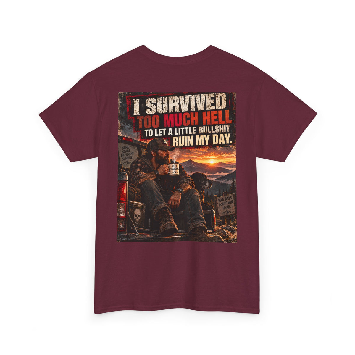 I Survived Too Much Hell T-Shirt – Veteran/Resilient Motorcycle Rider Graphic Tee