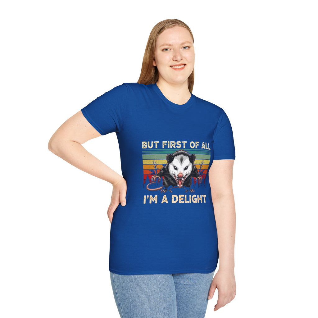Opossum Graphic Tee — “But First Of All I’m A Delight” Vintage Sunset T-Shirt