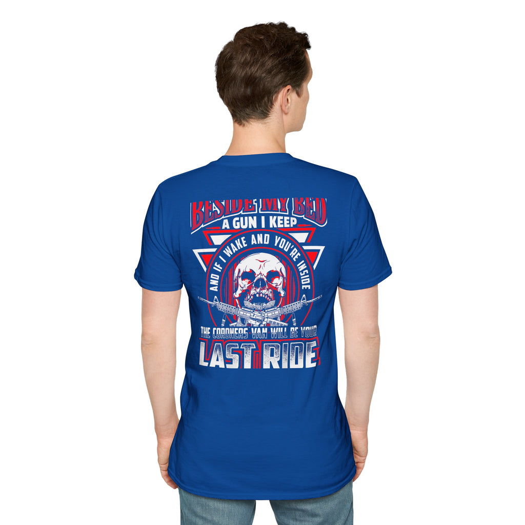 T-Shirt — "Beside My Bed a Gun I Keep" Skull Graphic