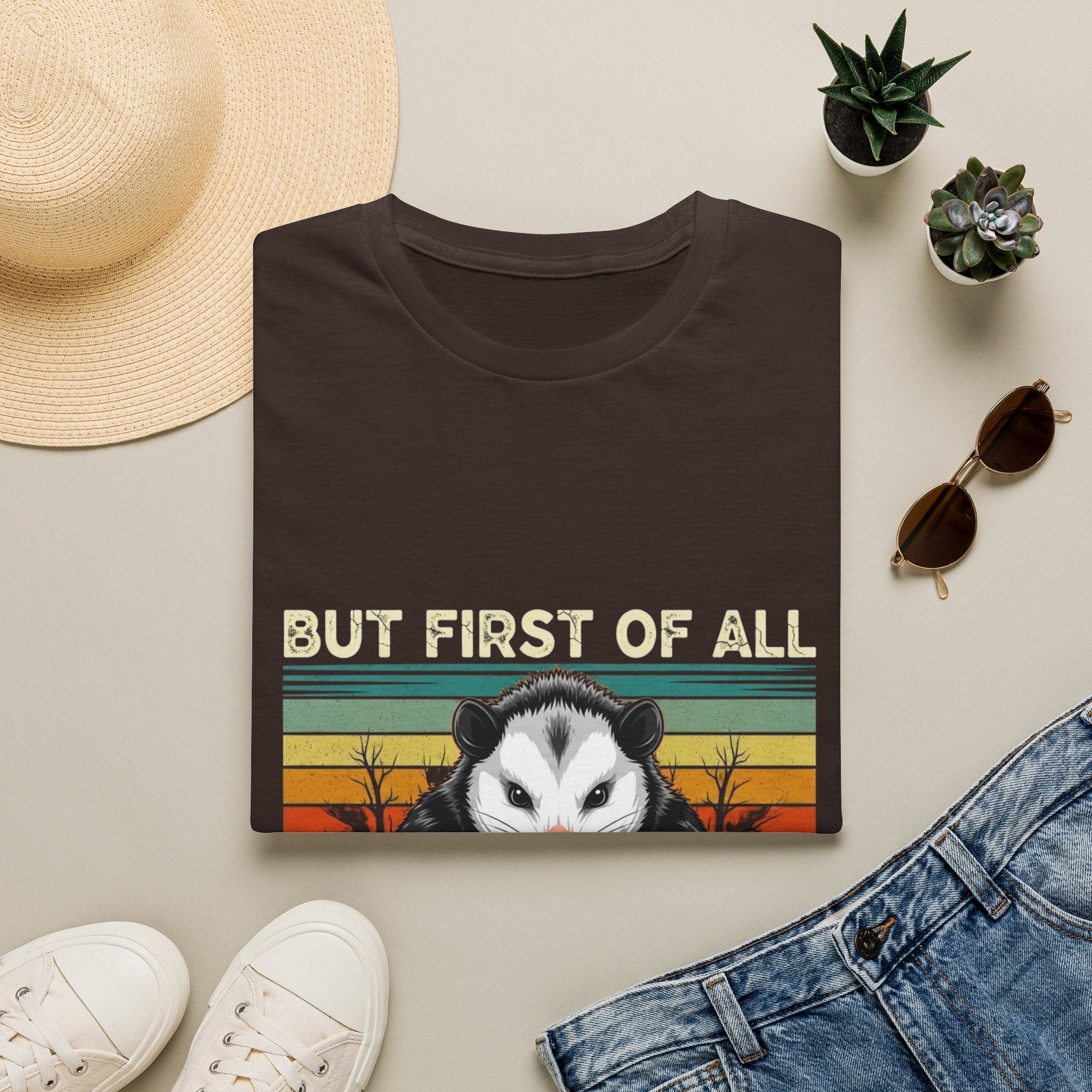 Opossum Graphic Tee — “But First Of All I’m A Delight” Vintage Sunset T-Shirt