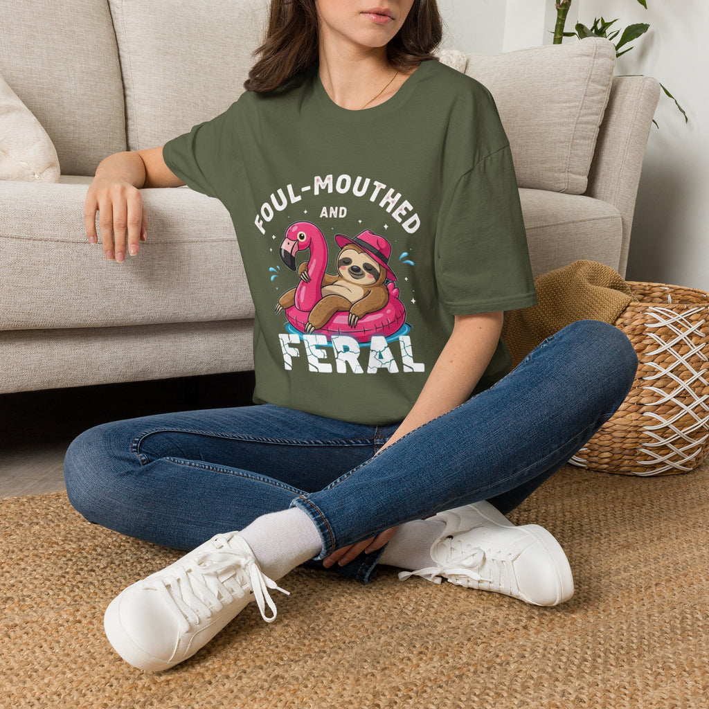 Foul‑Mouthed and Feral Sloth Graphic T-Shirt — Funny Pool Float Flamingo Tee