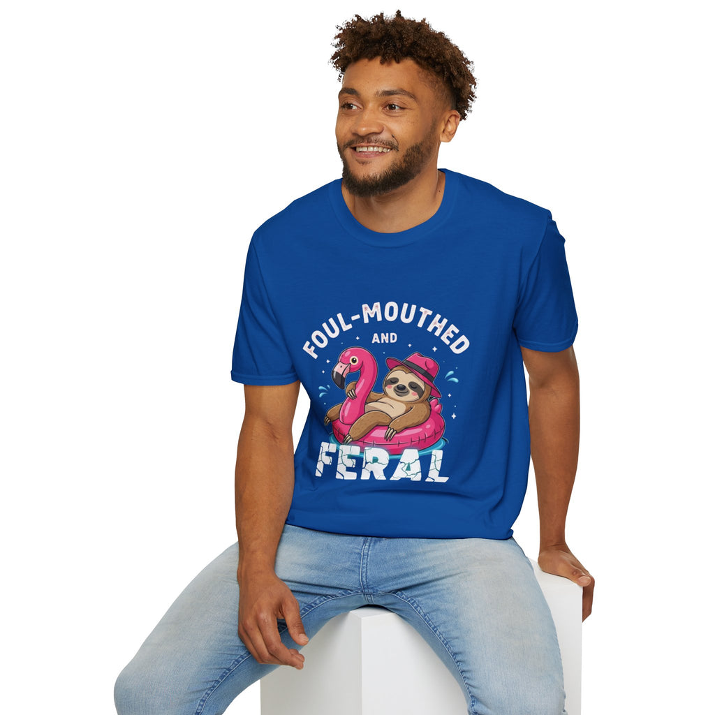 Foul‑Mouthed and Feral Sloth Graphic T-Shirt — Funny Pool Float Flamingo Tee