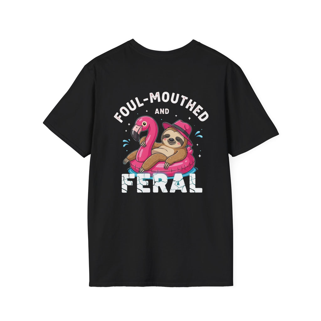 Foul‑Mouthed and Feral Sloth Graphic T-Shirt — Funny Pool Float Flamingo Tee