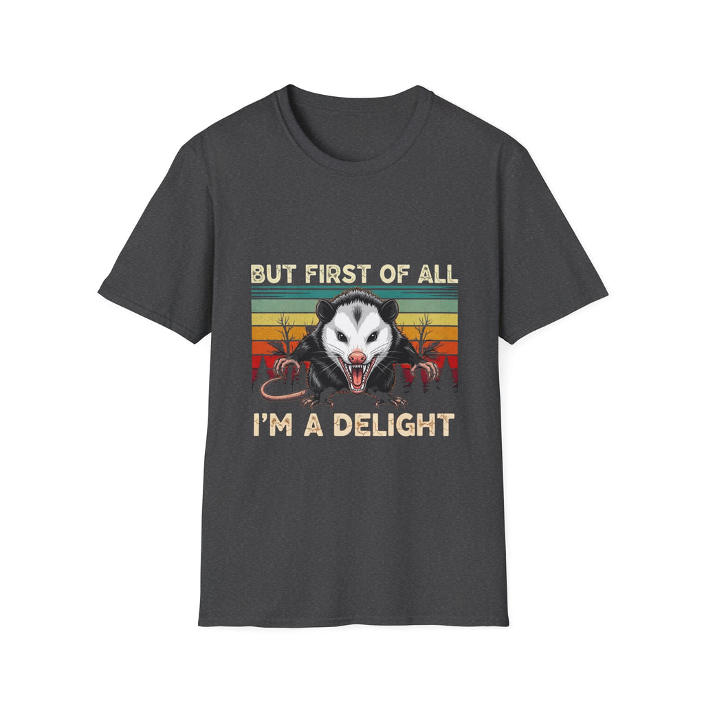Opossum Graphic Tee — “But First Of All I’m A Delight” Vintage Sunset T-Shirt