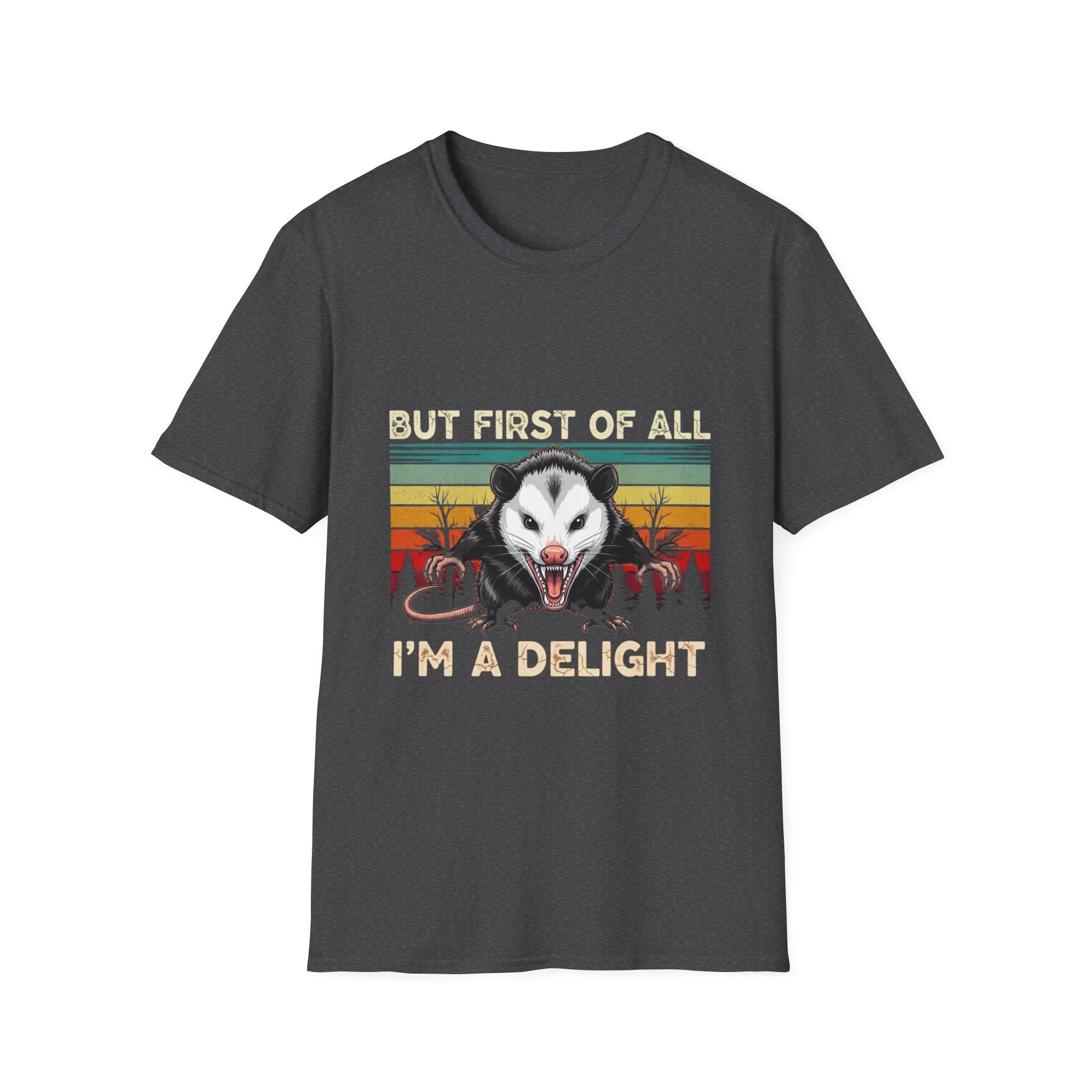 Opossum Graphic Tee — “But First Of All I’m A Delight” Vintage Sunset T-Shirt