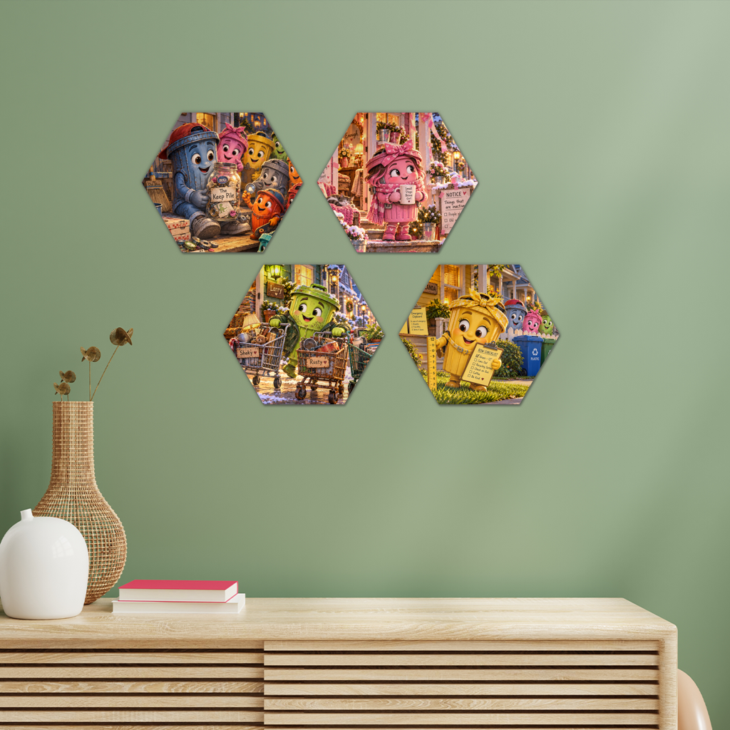 Trash Can Row – Hexagon Wall Tiles Set of 4