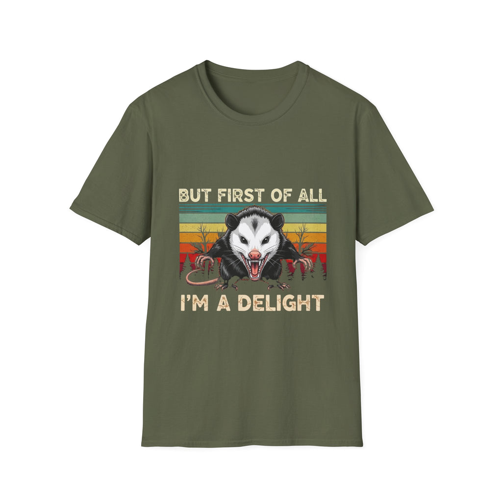 Opossum Graphic Tee — “But First Of All I’m A Delight” Vintage Sunset T-Shirt