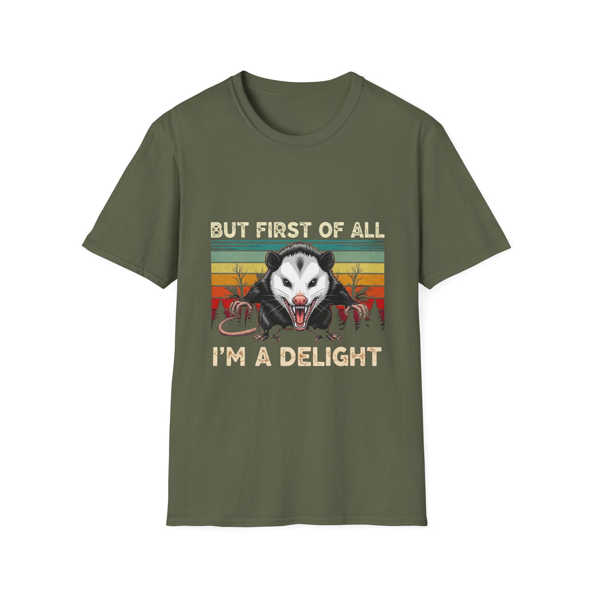 Opossum Graphic Tee — “But First Of All I’m A Delight” Vintage Sunset T-Shirt