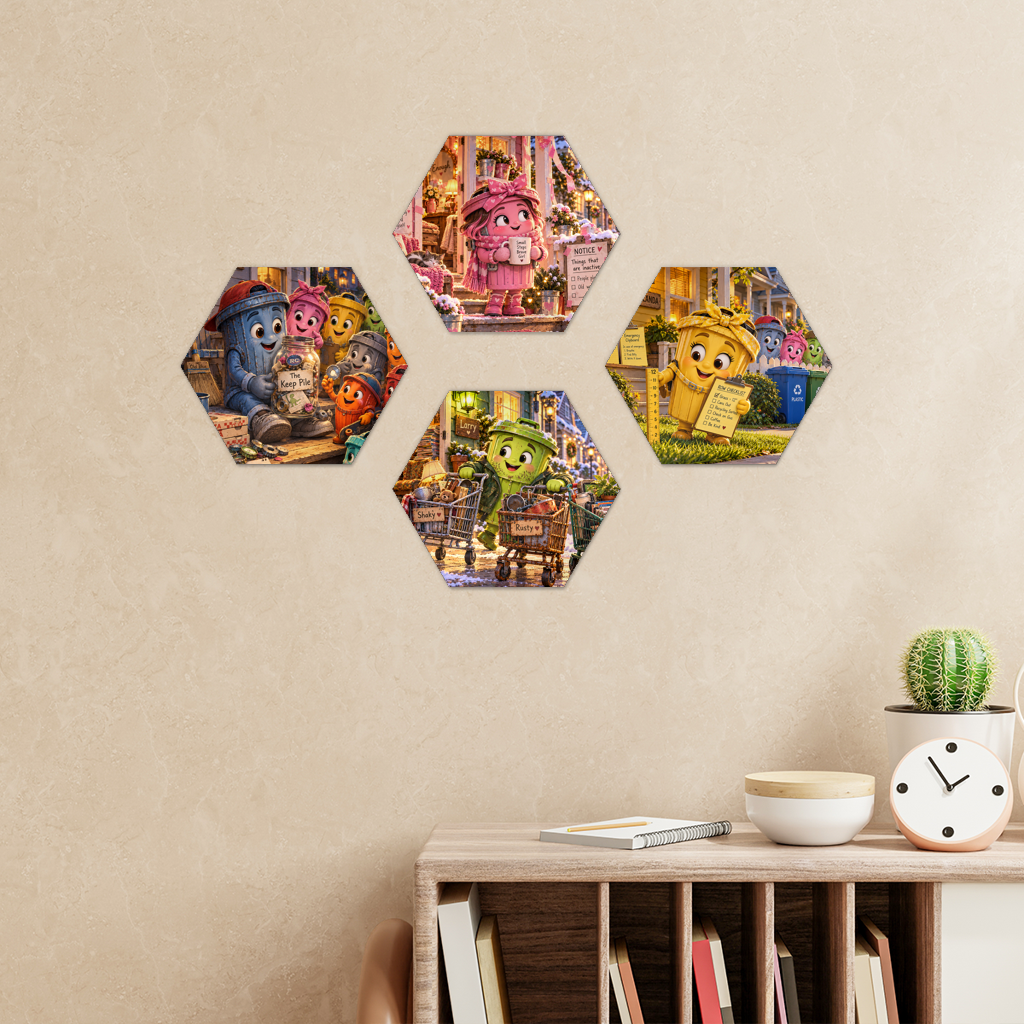 Trash Can Row – Hexagon Wall Tiles Set of 4