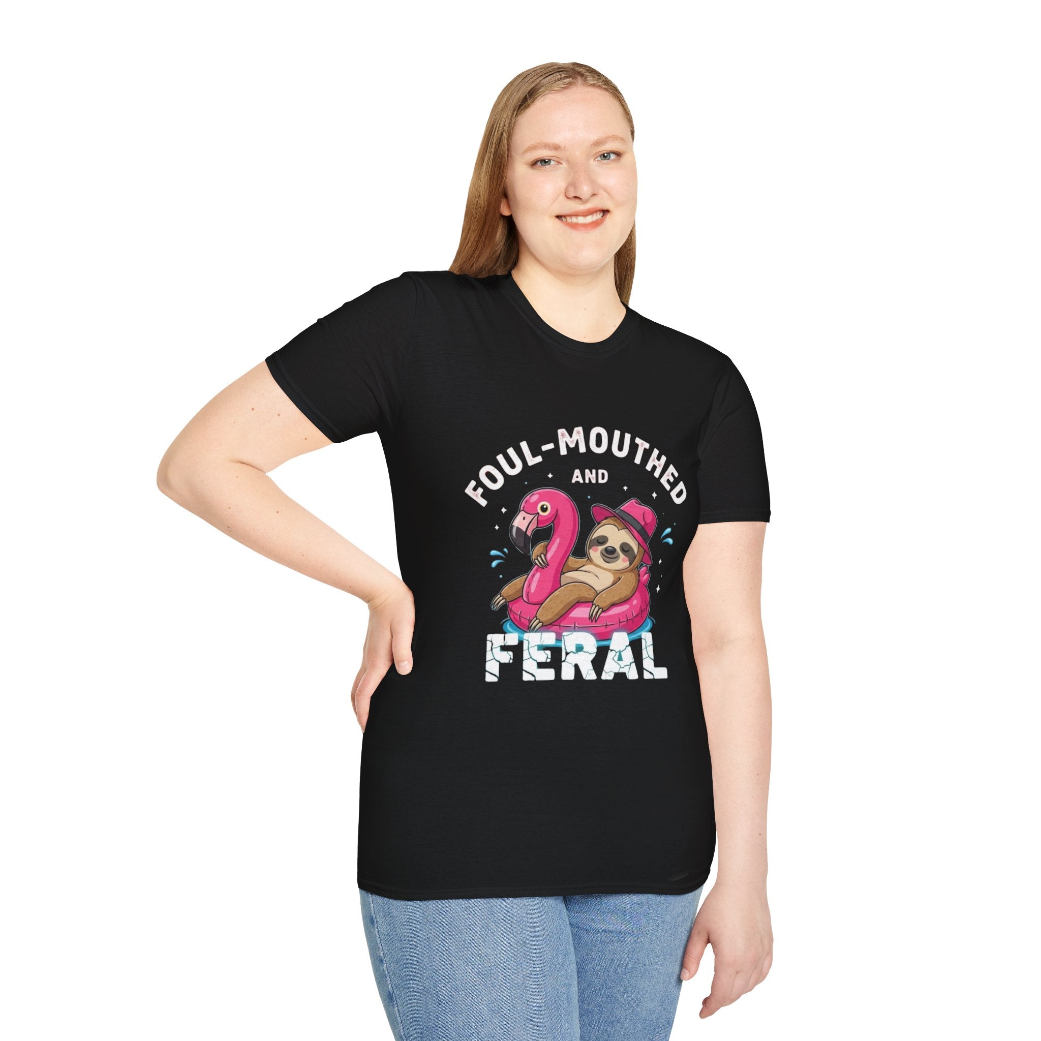 Foul‑Mouthed and Feral Sloth Graphic T-Shirt — Funny Pool Float Flamingo Tee