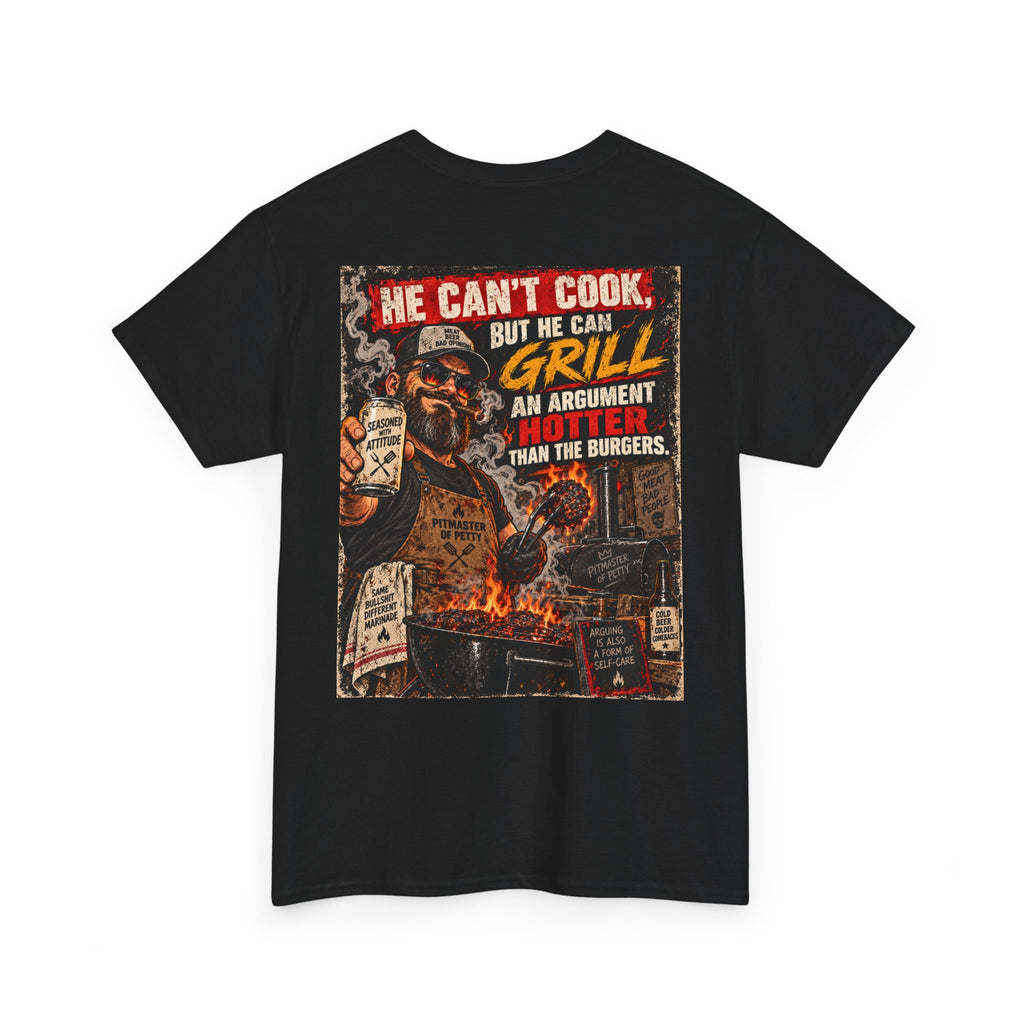 Grill Master Vintage BBQ T-Shirt — "He Can't Cook, But He Can Grill" Back Print