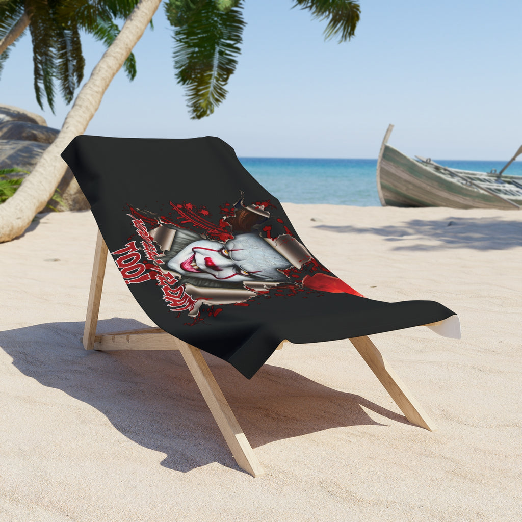 Horror Clown Beach Towel — "You'll Float Too" Red Balloon Design
