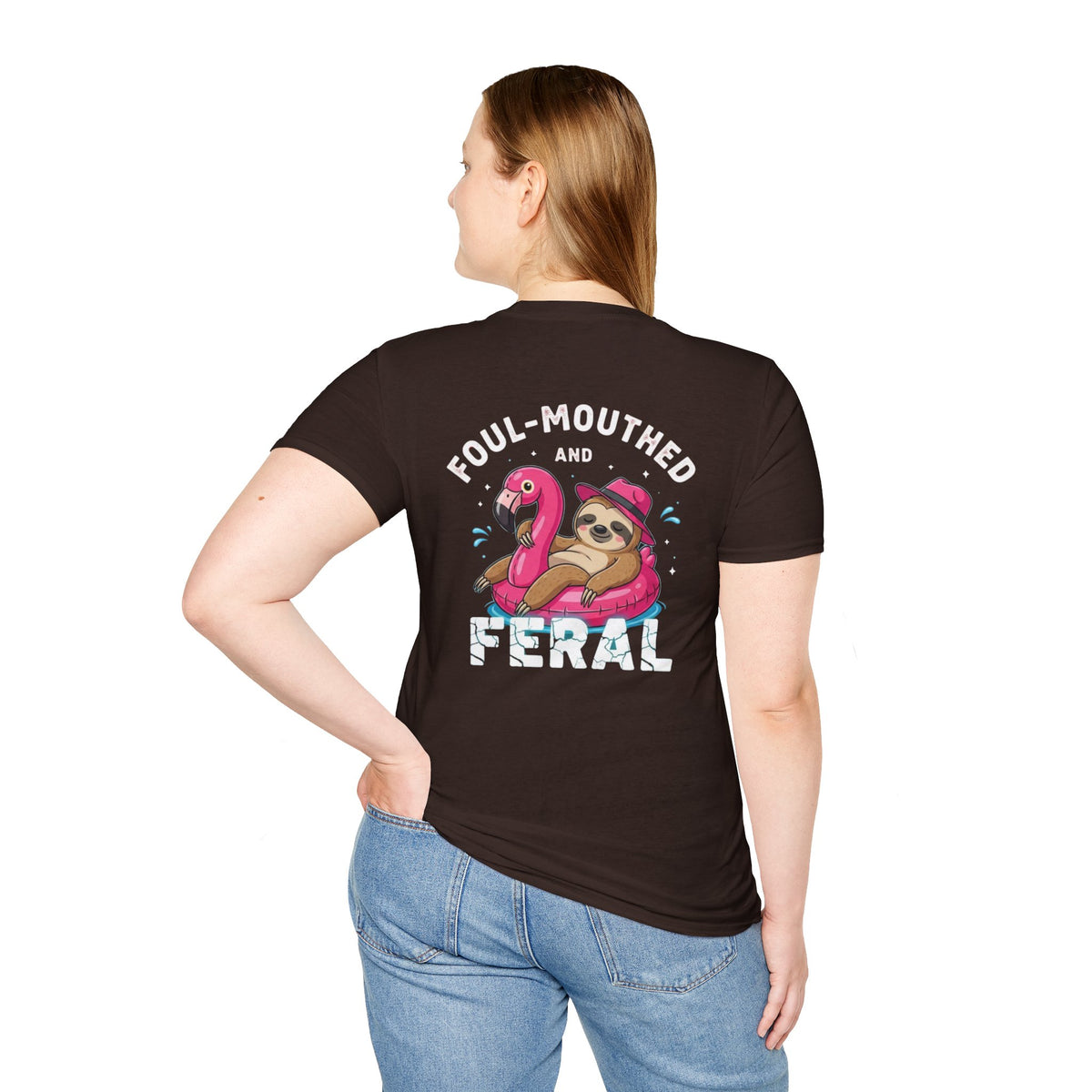 Foul‑Mouthed and Feral Sloth Graphic T-Shirt — Funny Pool Float Flamingo Tee