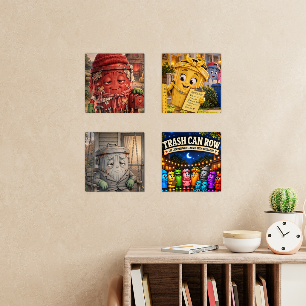 Trash Can Row – Square Wall Tiles Set of 4