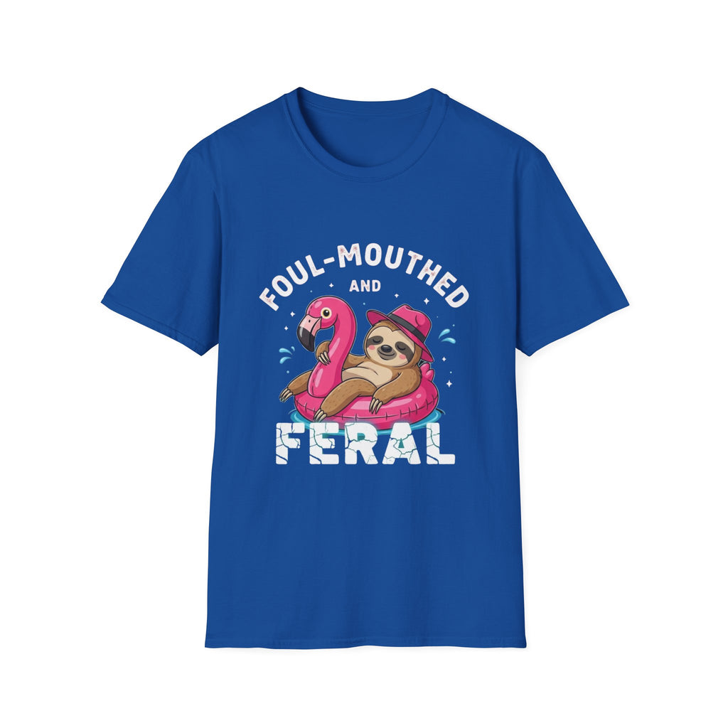 Foul‑Mouthed and Feral Sloth Graphic T-Shirt — Funny Pool Float Flamingo Tee