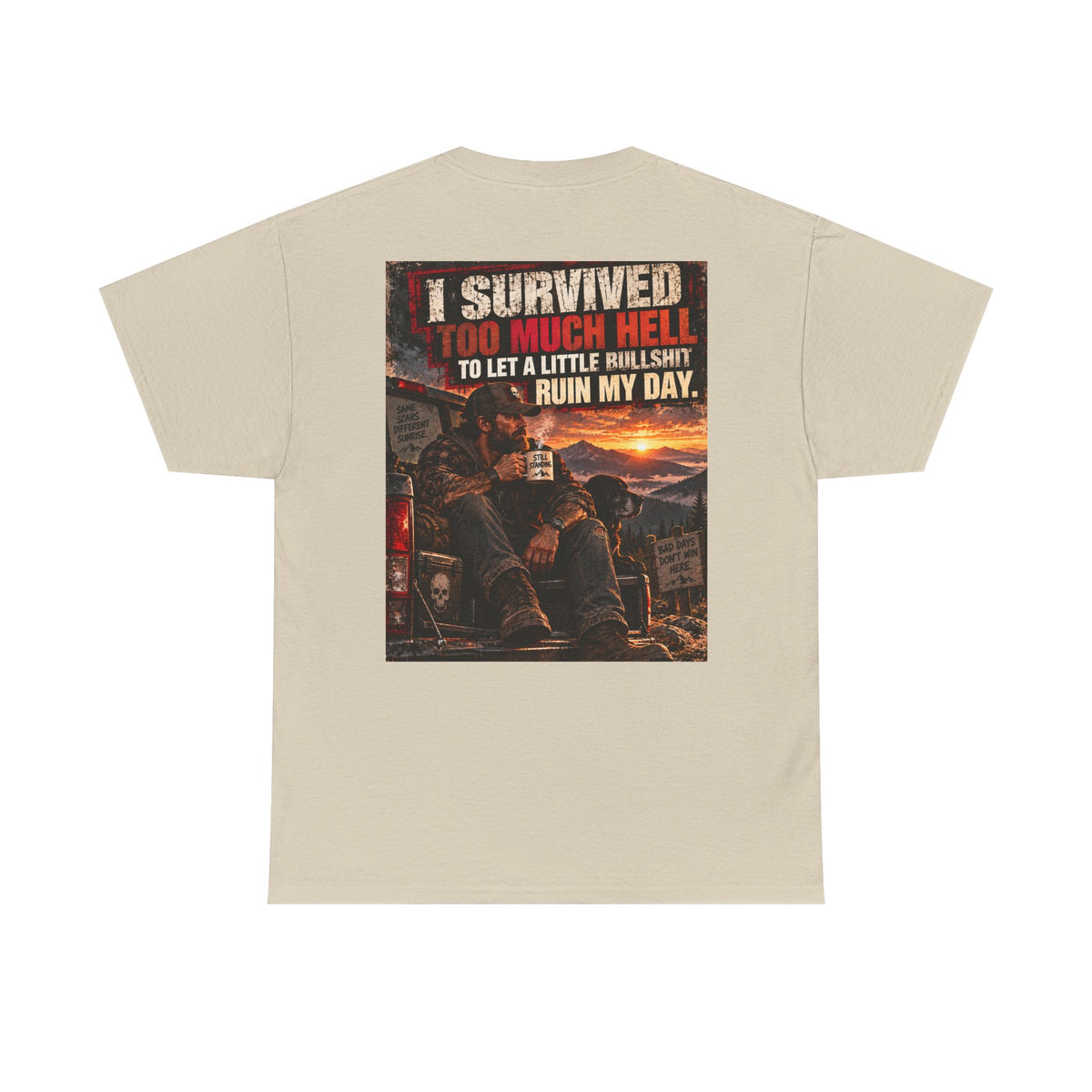 I Survived Too Much Hell T-Shirt – Veteran/Resilient Motorcycle Rider Graphic Tee