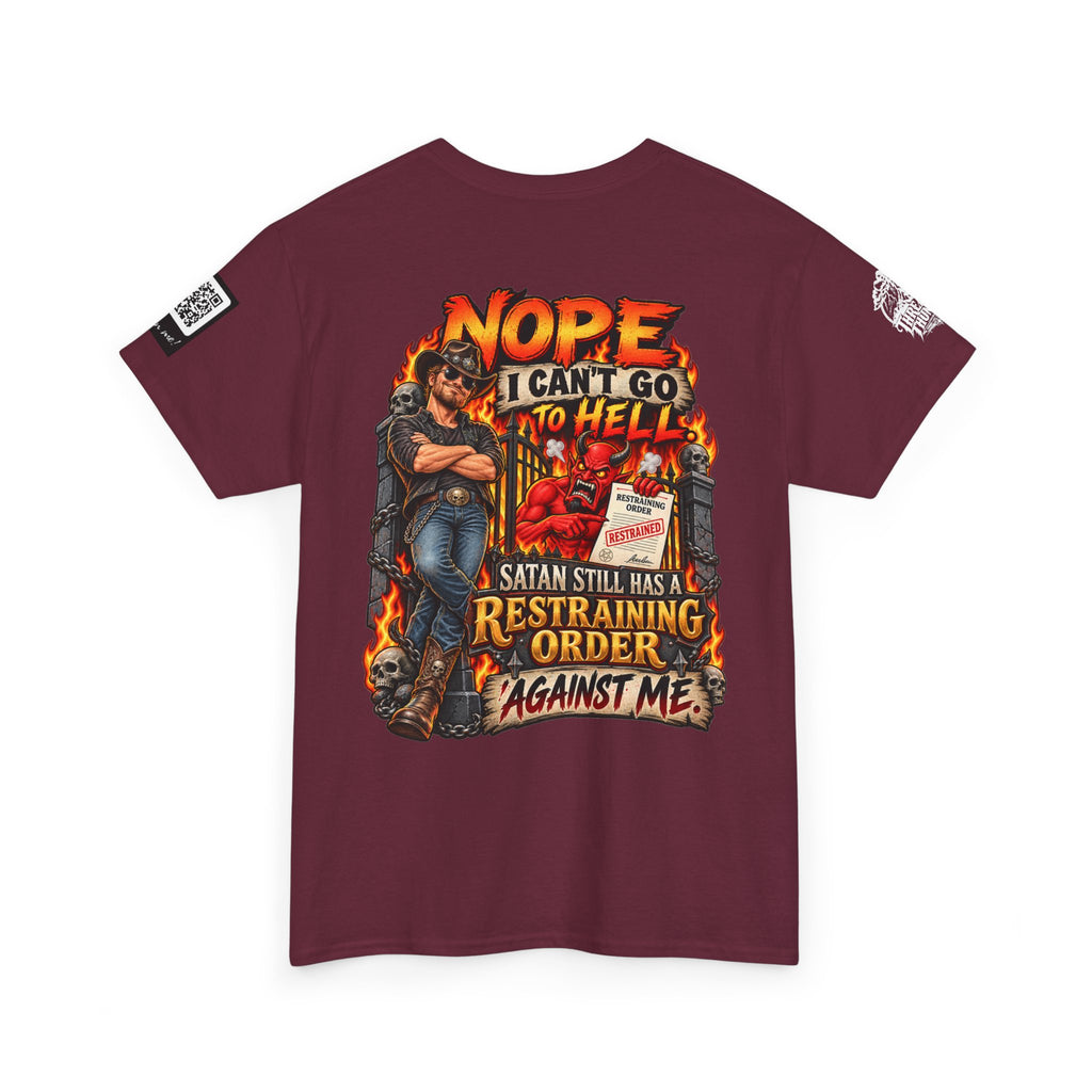 Satan Still Has a Restraining Order Against Me Back Graphic Tee