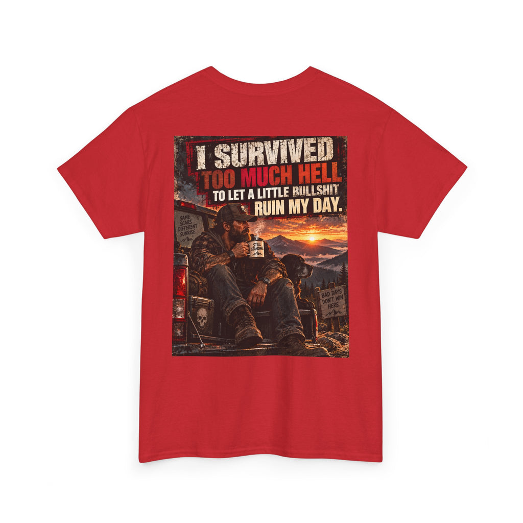 I Survived Too Much Hell T-Shirt – Veteran/Resilient Motorcycle Rider Graphic Tee