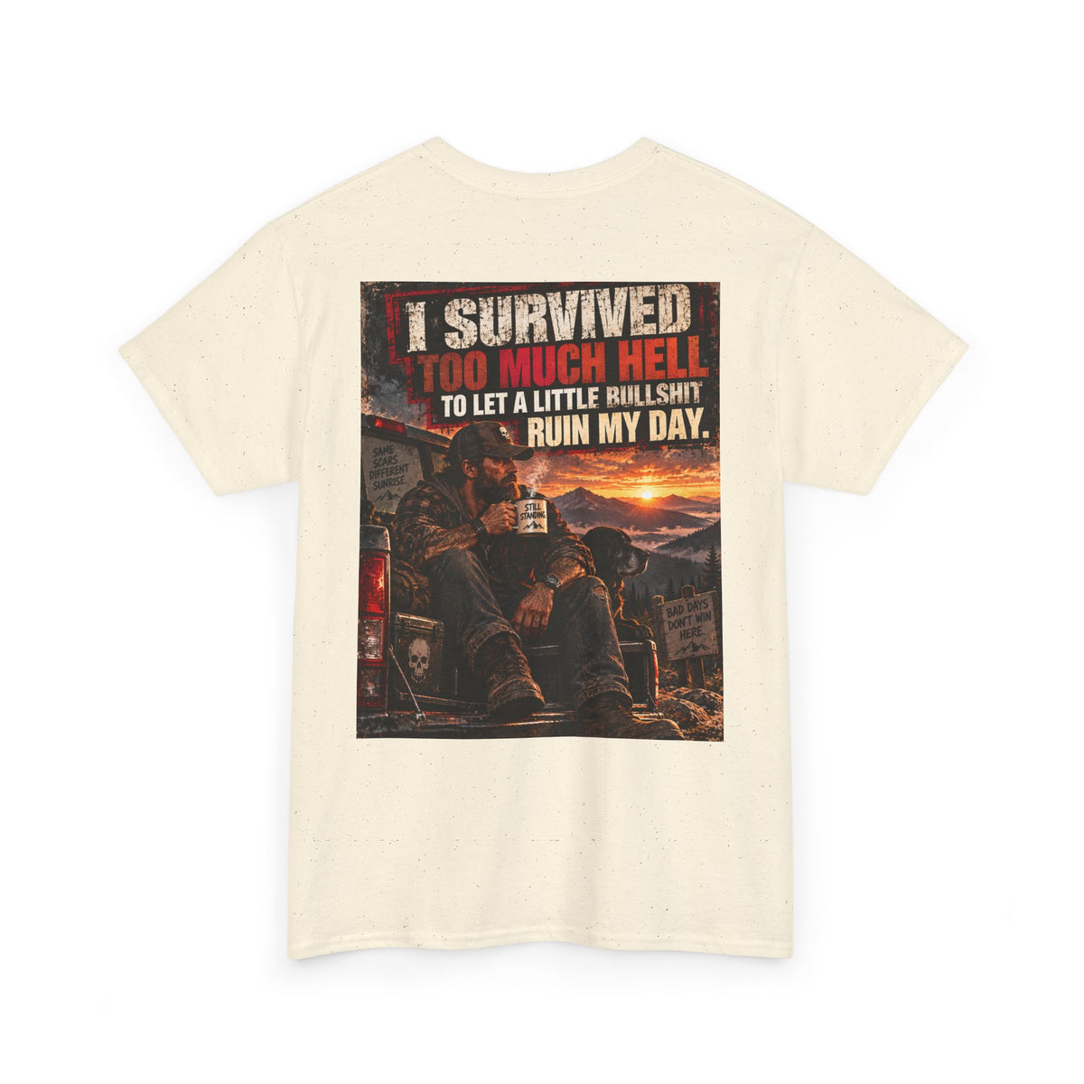 I Survived Too Much Hell T-Shirt – Veteran/Resilient Motorcycle Rider Graphic Tee
