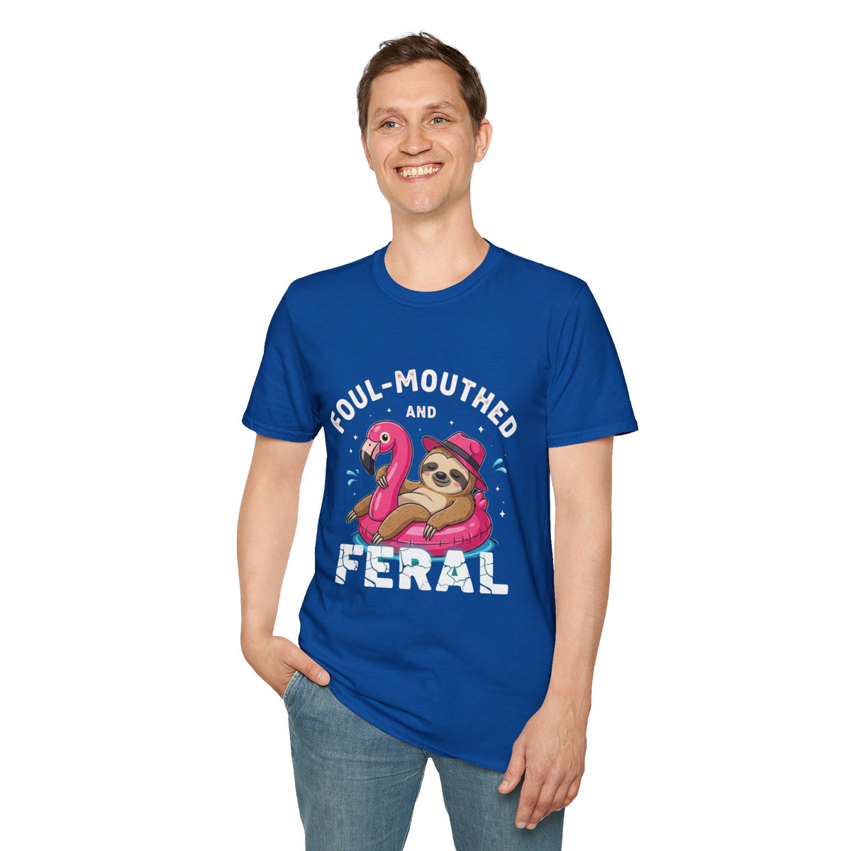 Foul‑Mouthed and Feral Sloth Graphic T-Shirt — Funny Pool Float Flamingo Tee