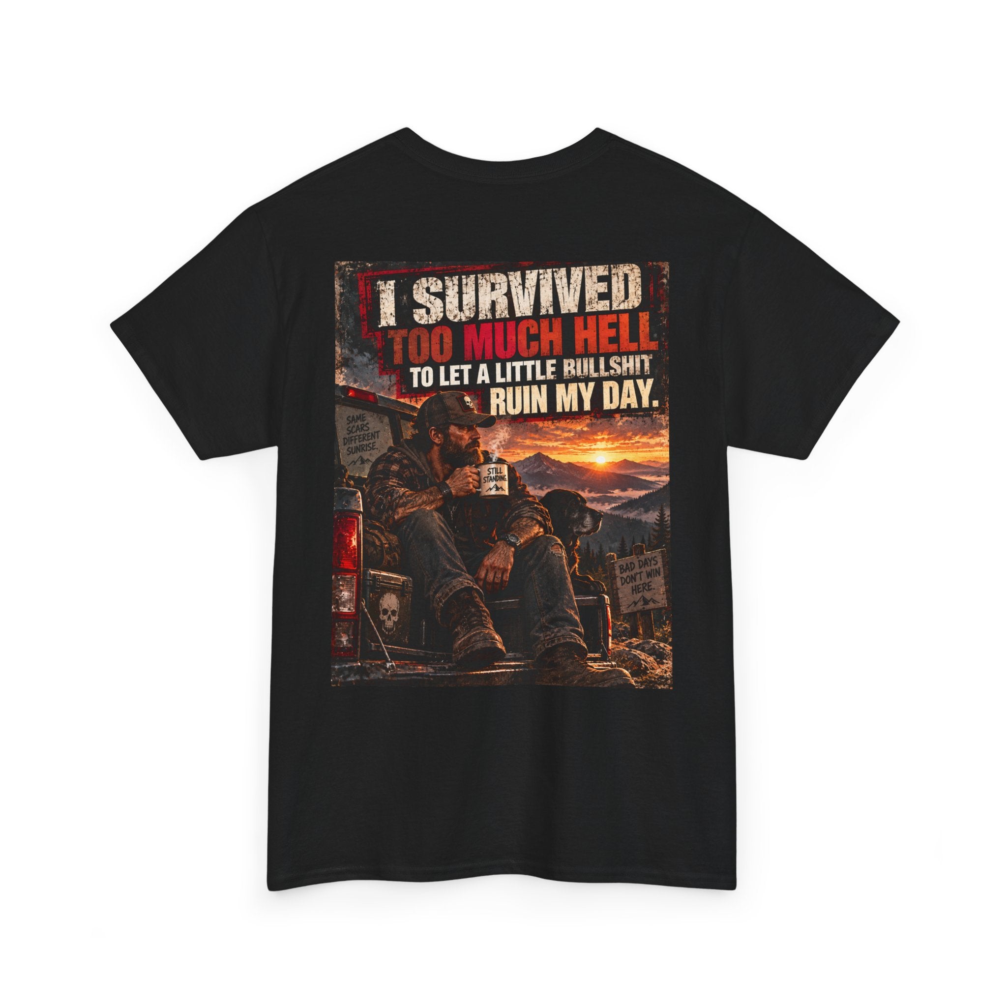 I Survived Too Much Hell T-Shirt – Veteran/Resilient Motorcycle Rider Graphic Tee
