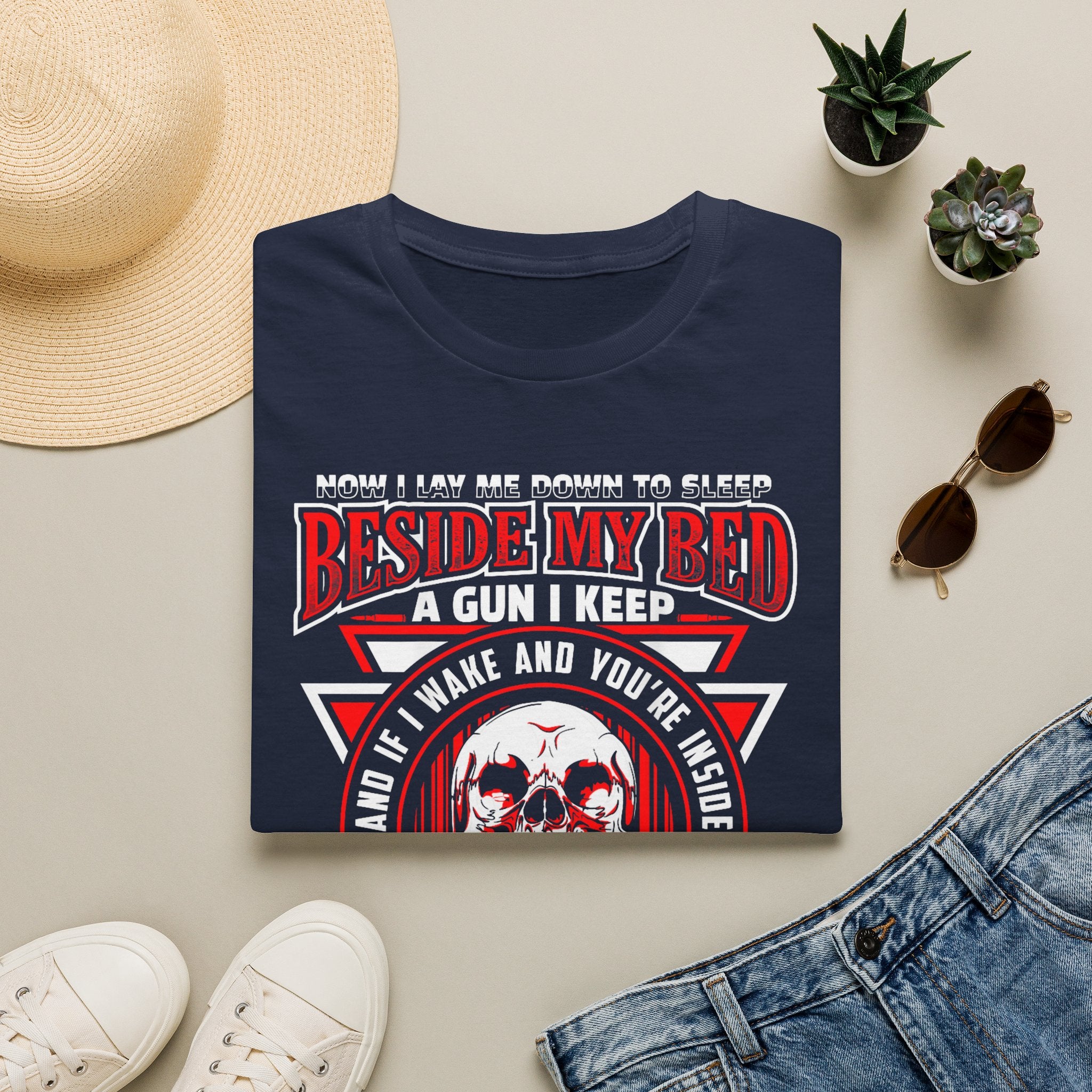T-Shirt — "Beside My Bed a Gun I Keep" Skull Graphic
