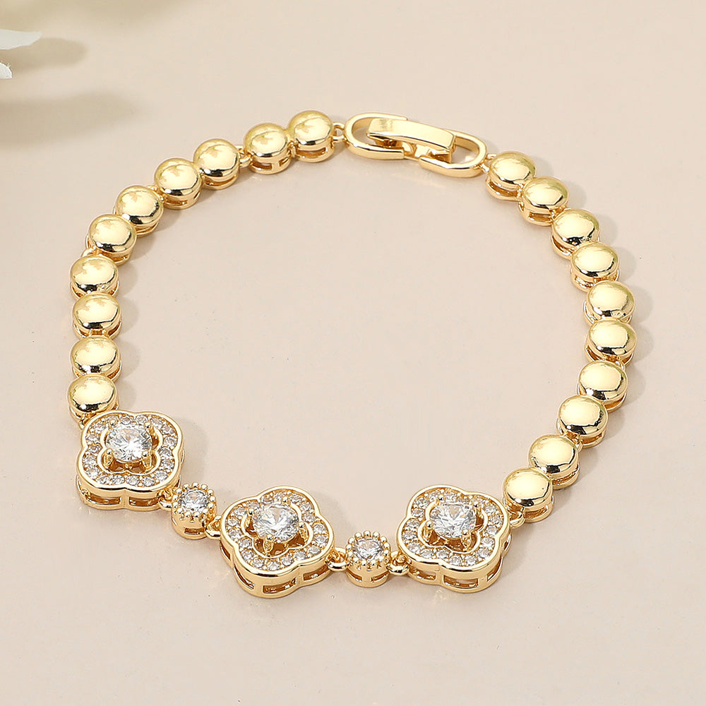 Triple CZ Quatrefoil Charm Link Beaded Bracelet