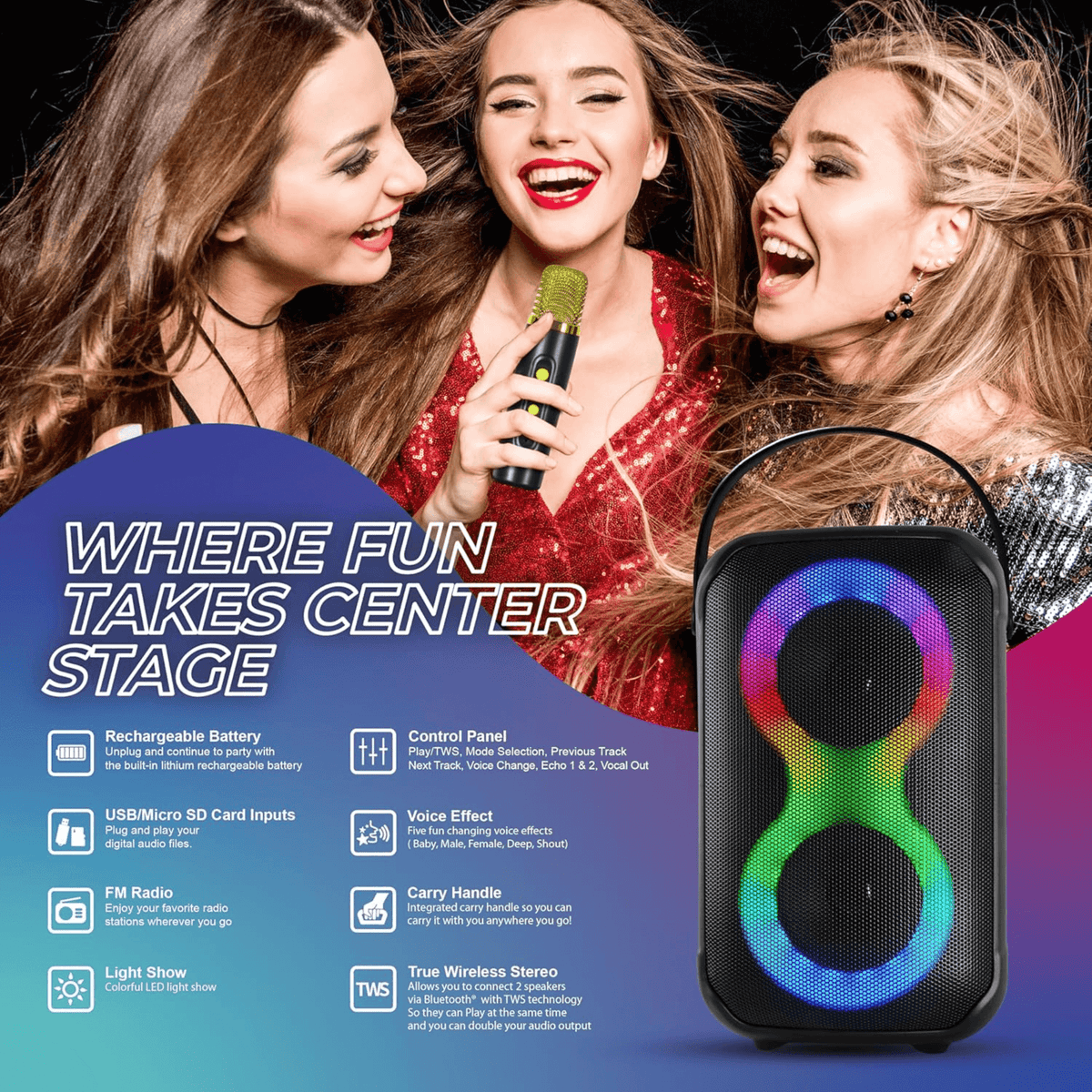 IQ Sound Karaoke Kraze 2x 4-Inch Portable Bluetooth Speaker