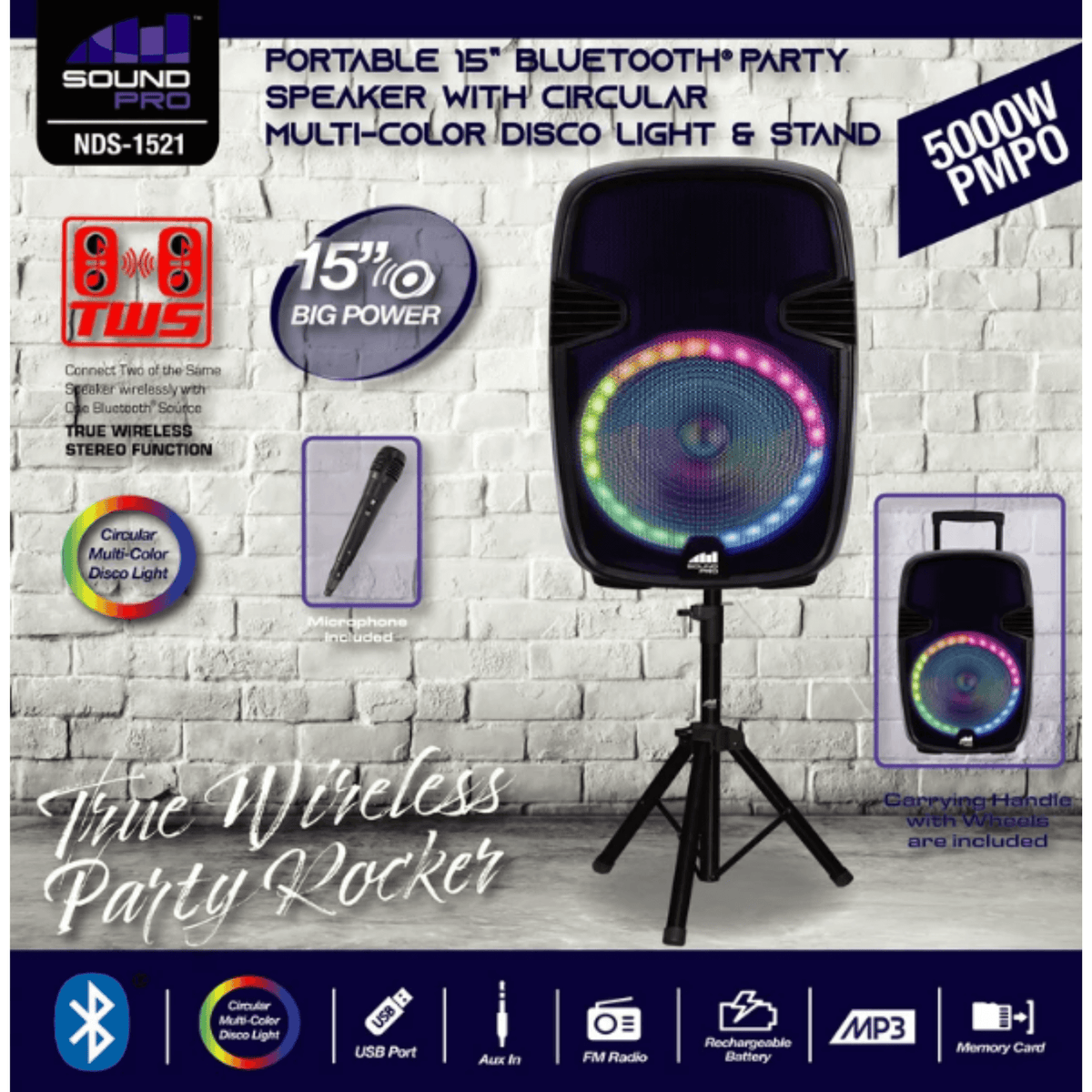 Naxa Portable 15” Bluetooth Party Speaker with Circular Multi-Color Disco Light (NDS-1521)