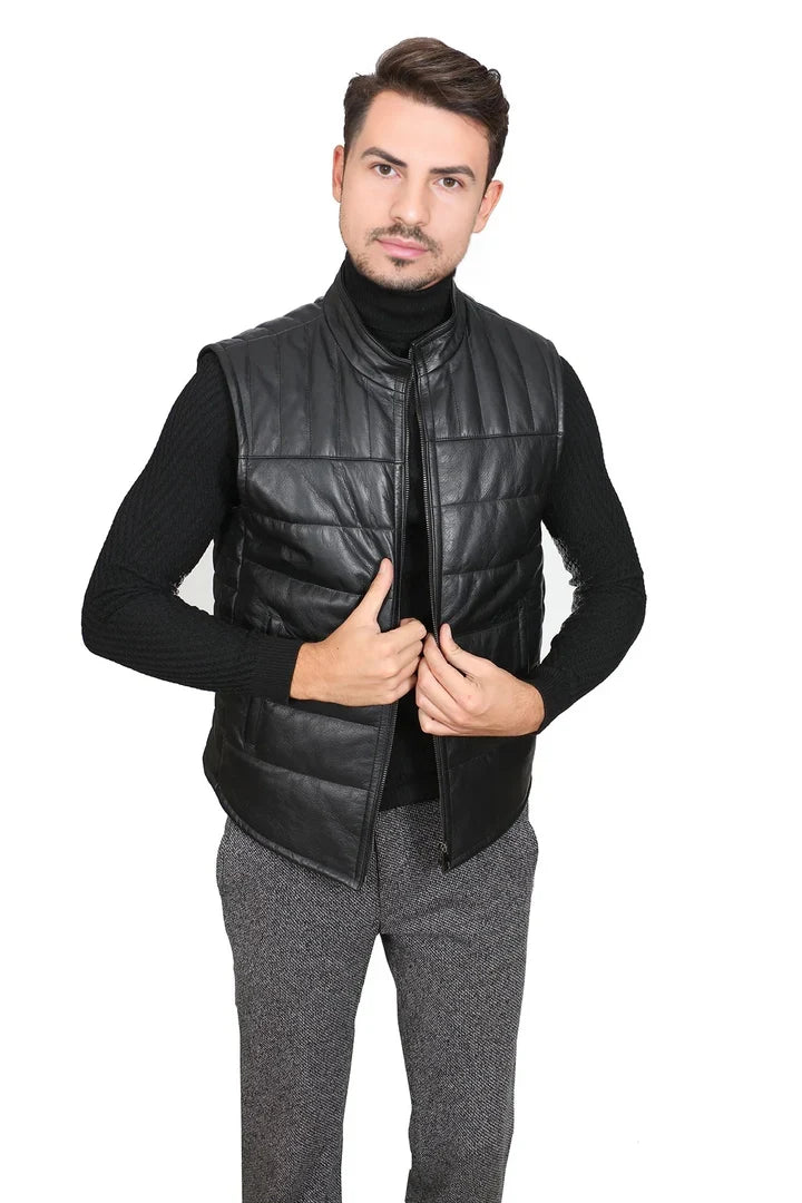 Anthony Real Black Leather Vest Jacket for Men