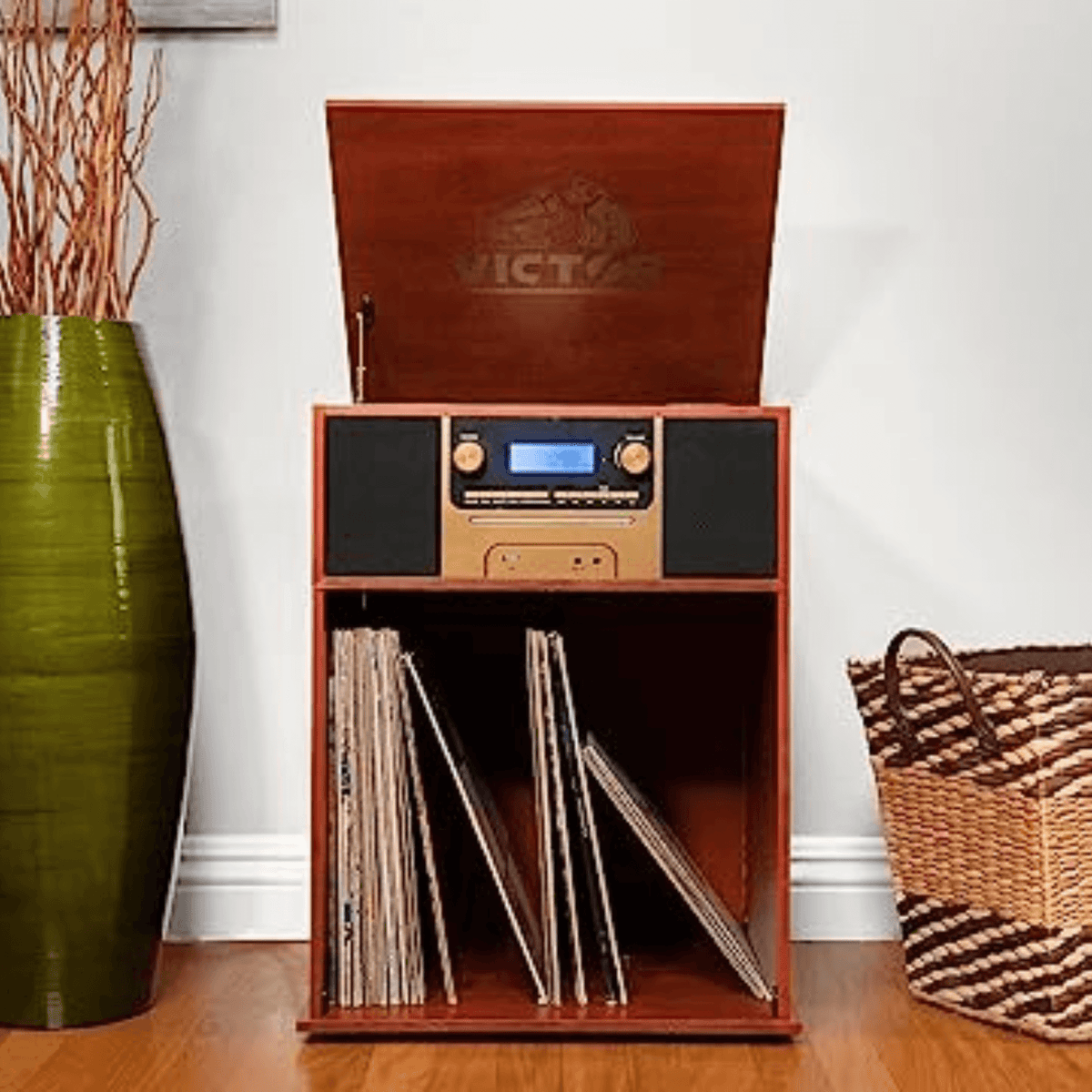 Victor Boyleston 7-in-1 3-Speed Turntable Music Center w Album Storage and USB Port