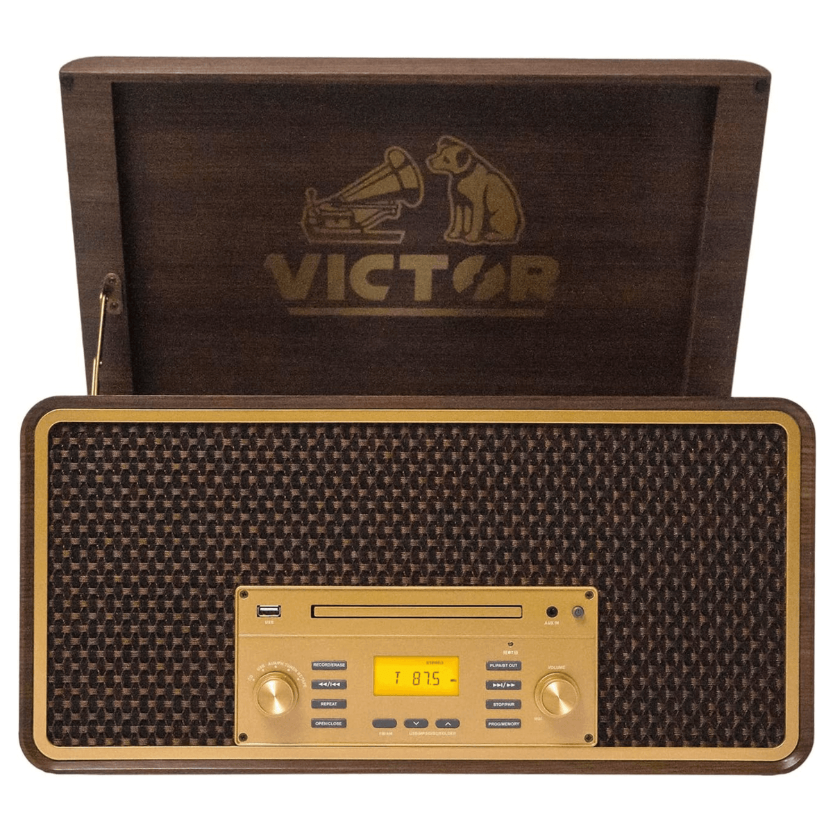Victor Monument 8-in-1 Wood Music Center with 3-Speed Turntable & Dual Bluetooth