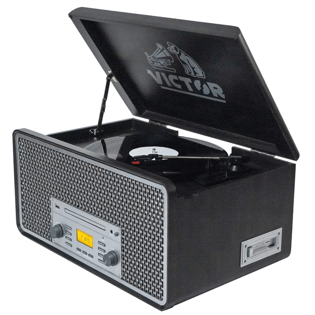 Victor Monument 8-in-1 Wood Music Center with 3-Speed Turntable & Dual Bluetooth