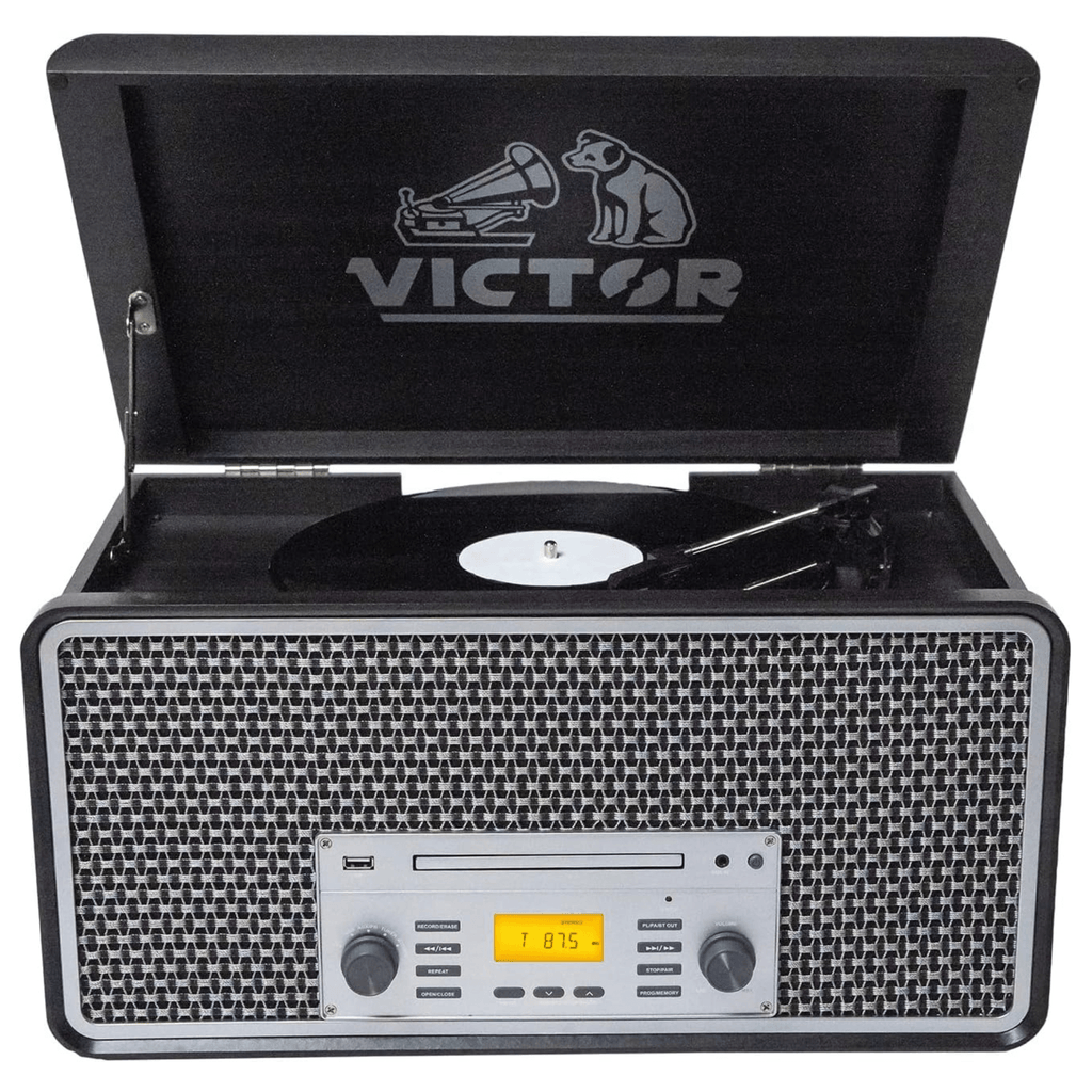 Victor Monument 8-in-1 Wood Music Center with 3-Speed Turntable & Dual Bluetooth
