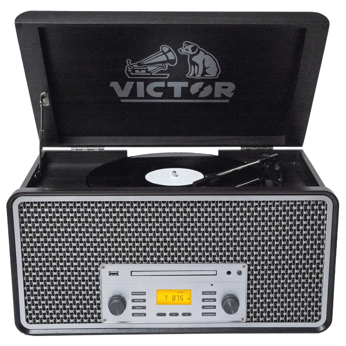 Victor Monument 8-in-1 Wood Music Center with 3-Speed Turntable & Dual Bluetooth