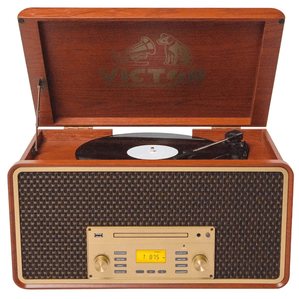 Victor Monument 8-in-1 Wood Music Center with 3-Speed Turntable & Dual Bluetooth