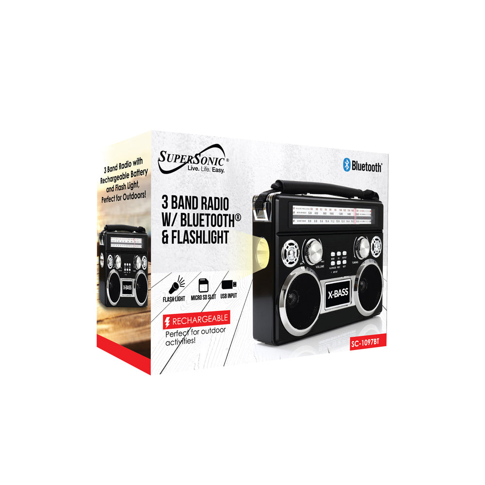 Supersonic Portable 3 Band Bluetooth Radio with Flashlight & 10 Hour Battery