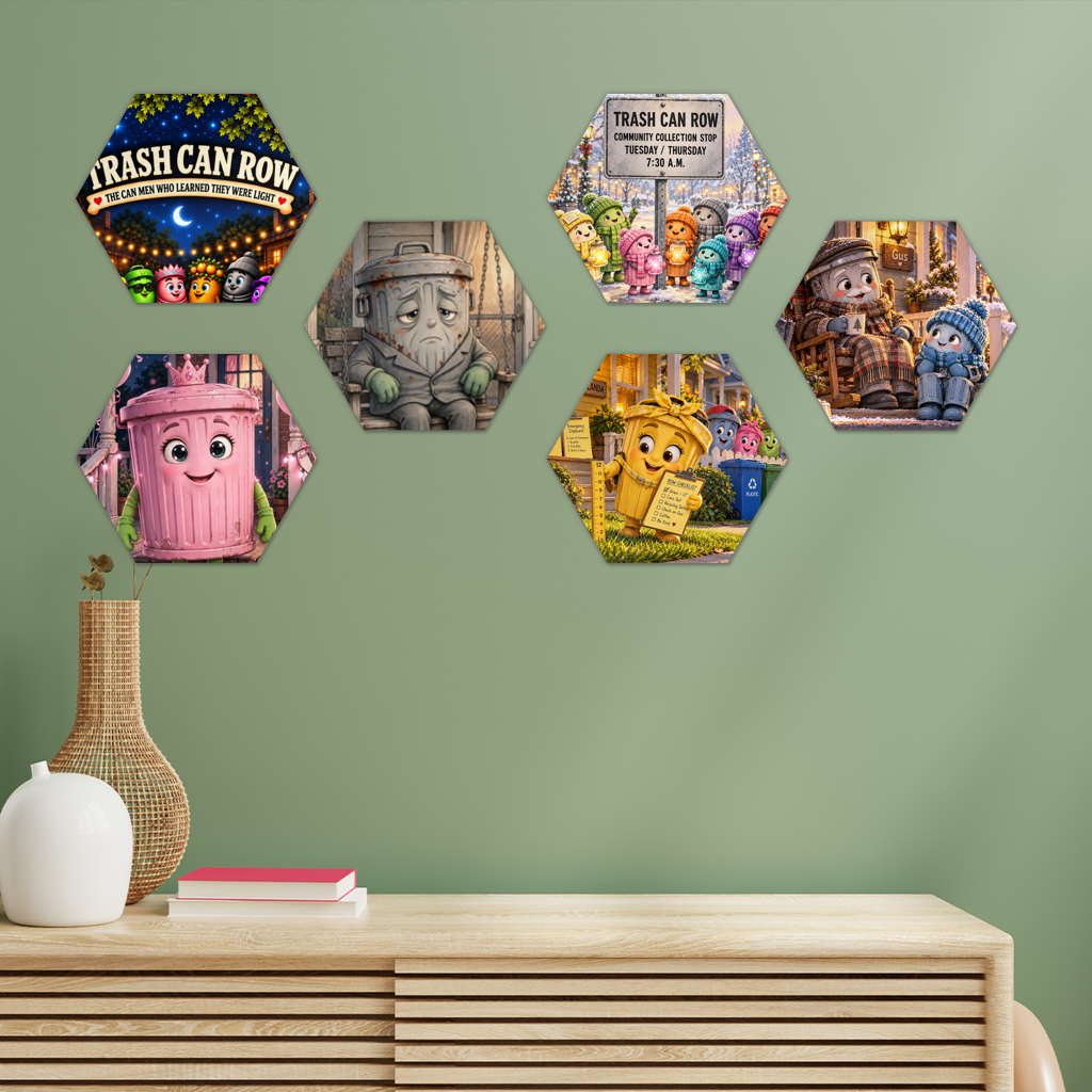 Trash Can Row – Hexagon Wall Tiles Set of 6