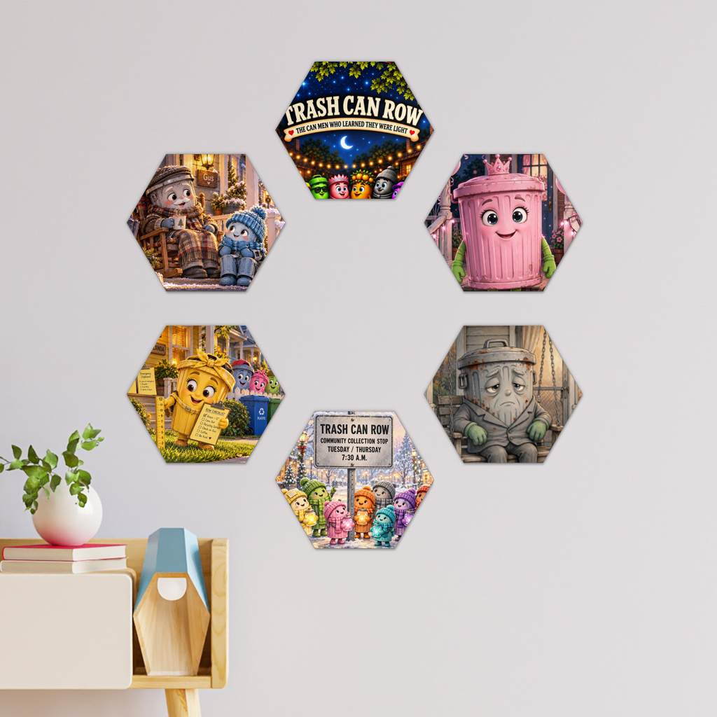 Trash Can Row – Hexagon Wall Tiles Set of 6