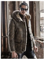 Men’s Hooded Shearling Collar Leather Bomber Jacket