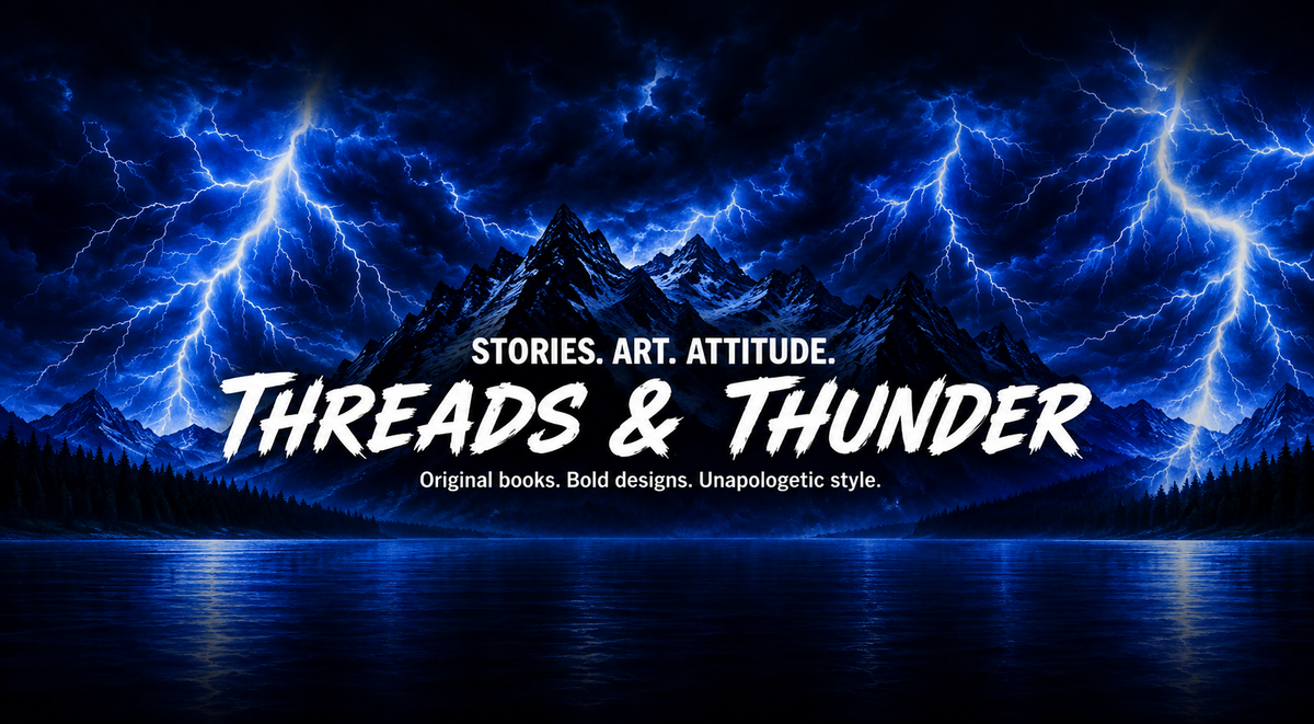 Threads & Thunder lightning mountain hero with baked-in Stories. Art. Attitude. branding
